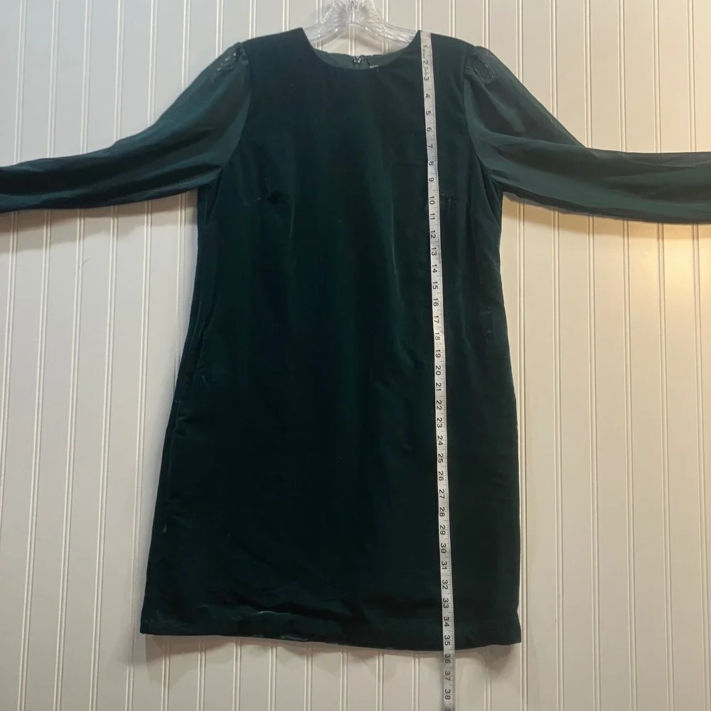J. Crew Forest Green Velvet Shift Dress Sheer Long Sleeve Mini CE630 6 NWT Flaws